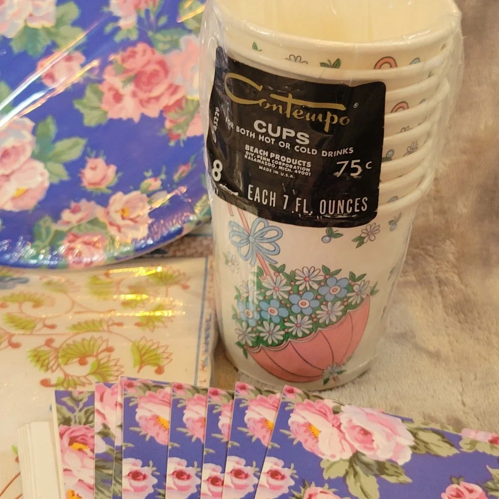 VTG Amscan Eileen West & Contempo Party Supplies Set Blue Pink Floral Paisley